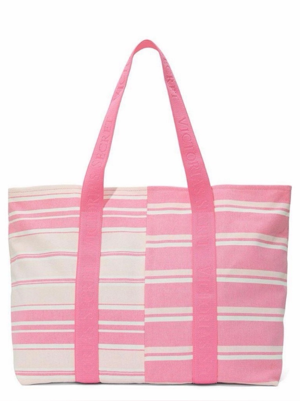 Victoria's Secret Heritage Stripe Canvas Tote Bag Pink Top Zipper 21" x 14" NEW
